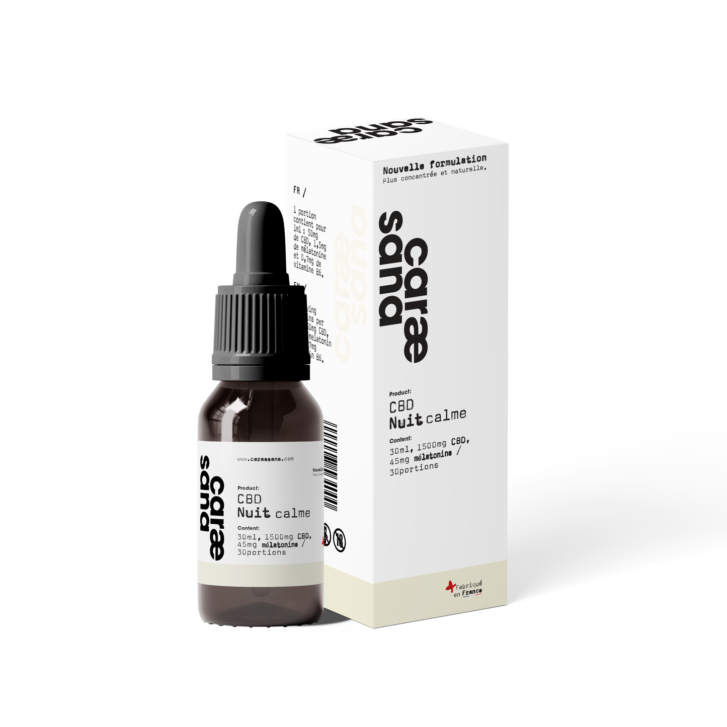 Nuit calme liposomale de Caraesana associe 1500mg de CBD à l'hormone naturelle mélatonine 45mg permettant ainsi un cycle de sommeil plus sain. Sa formulation liquide liposomale unique permet à l’ingrédient actif Cannabidiol d’entrer en profondeur dans les tissus pour un sommeil plus structuré et reposant. A l'inverse des somnifères, Nuit calme contient des ingrédients naturels et limite par conséquent les symptômes liés au stress et au manque de sommeil.